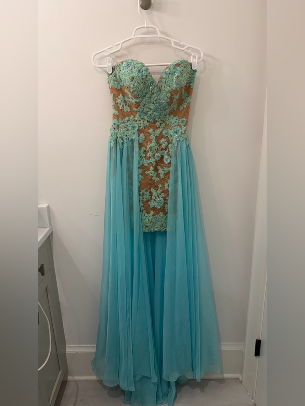 Sherri Hill Style #11143 Strapless Beaded Lace Appliqué High Low Formal Dress